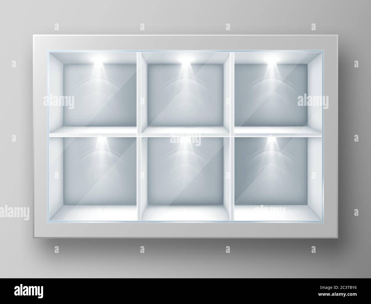 White showcase with square shelves in shop or gallery. Vector realistic mockup of empty glass display stand or bookshelf illuminated by spotlights for advertising or museum exhibition Stock Vector