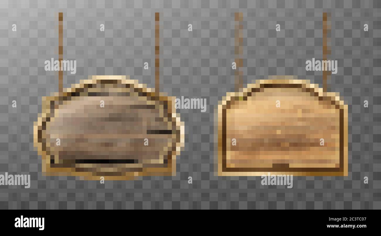 Wooden boards metal frame hang on ropes set. Realistic signboards with wood texture, banner label for bar saloon in rustic style. Blank vintage plank panels for menu, pub entrance vector illustration Stock Vector