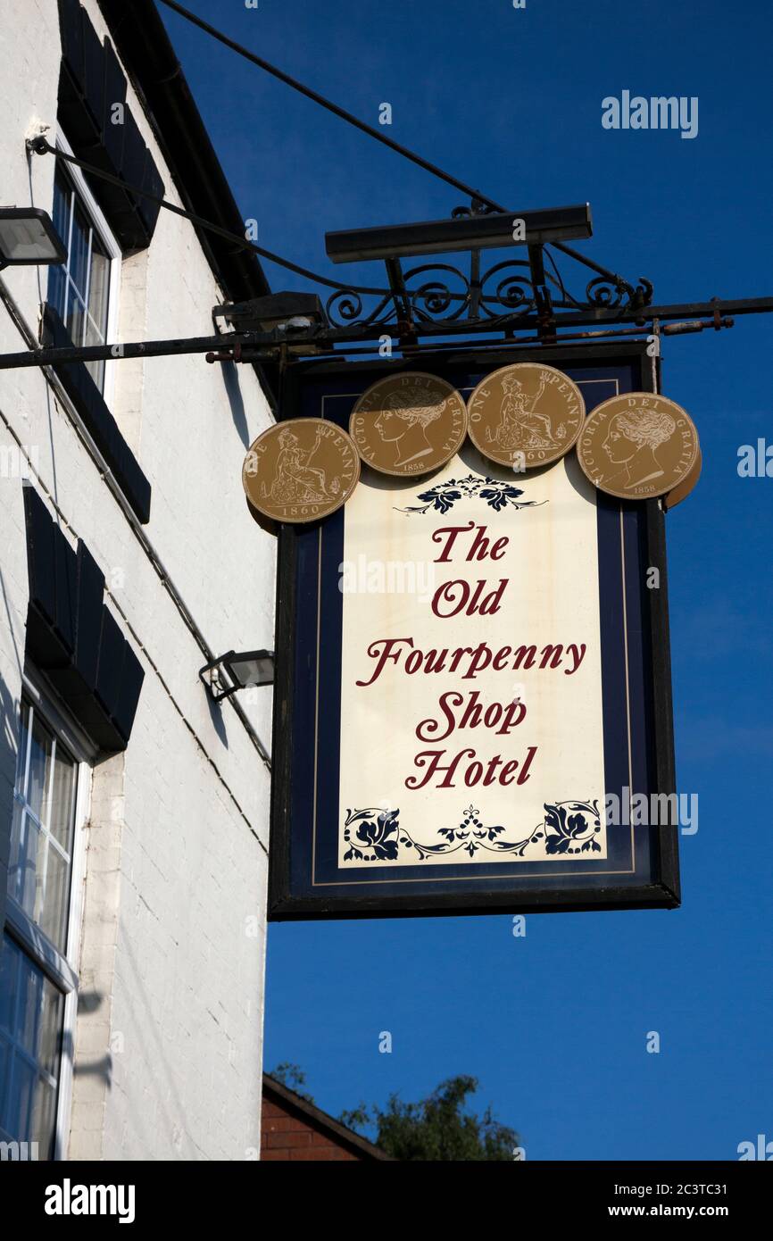 The Old Fourpenny Shop Hotel sign, Warwick, Warwickshire, England, UK Stock Photo