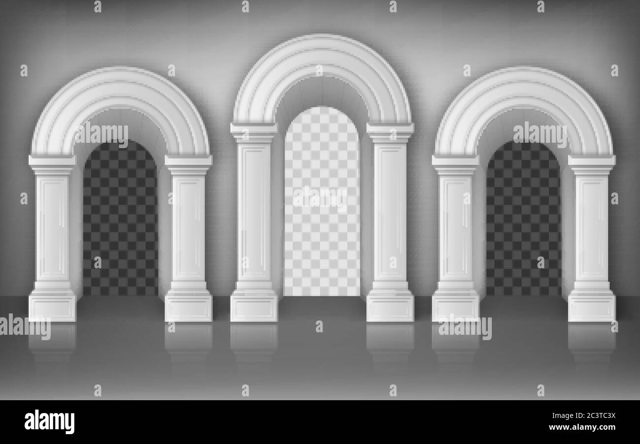 Arches with columns in wall realistic vector, interior gates with white pillars in palace or castle corridor, archway frames, portal entrance, antique doorway with shadow inside, 3d illustration Stock Vector
