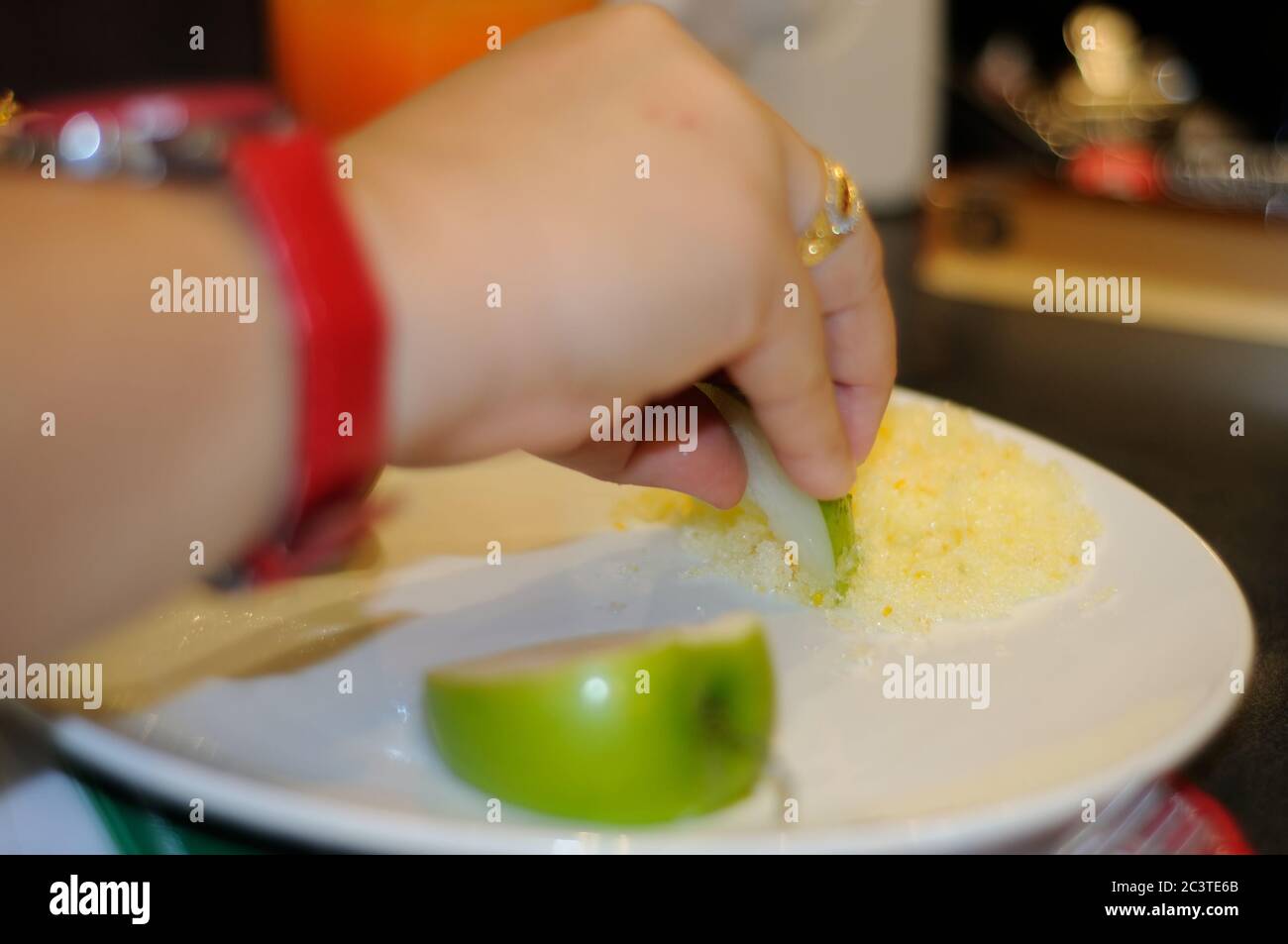 Eating Fresh Green Jujube Fruit With Sugar Salt And Chili Powder Stock Photo Alamy