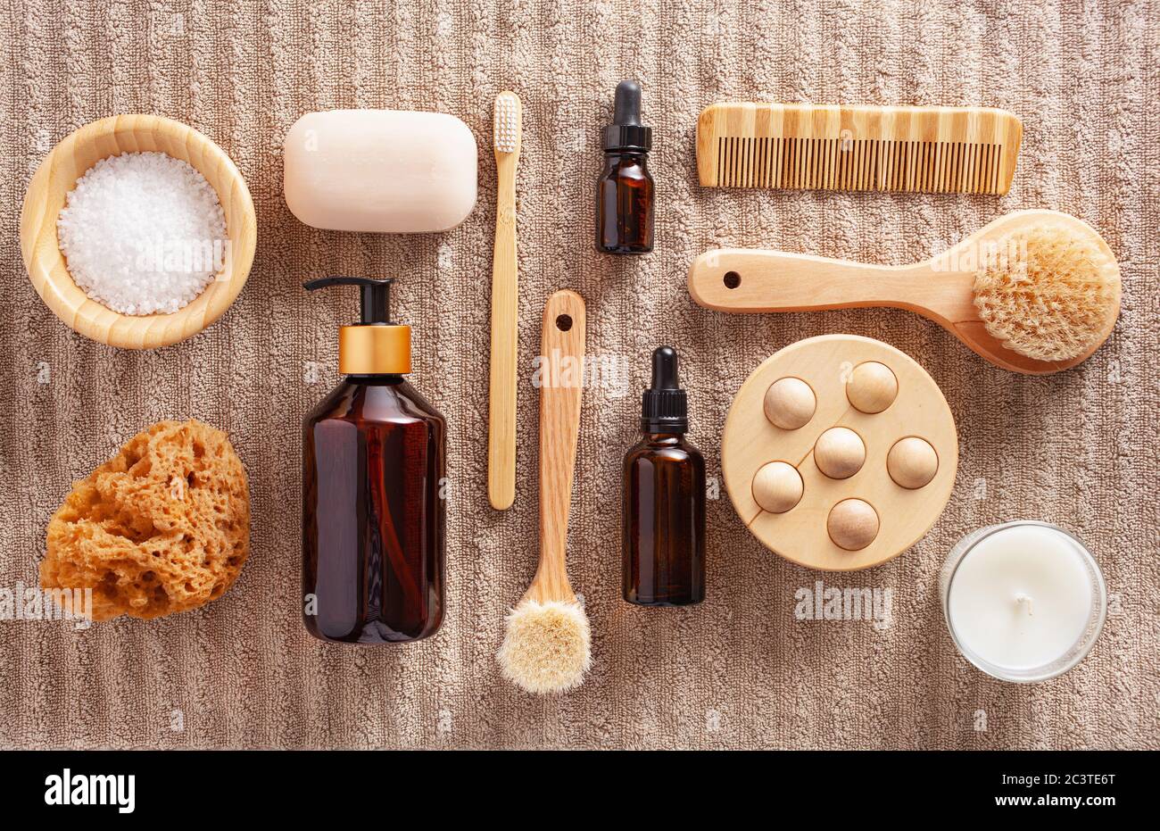 zero waste eco friendly hygiene bathroom concept. wooden toothbrush soap brush cosmetic Stock Photo