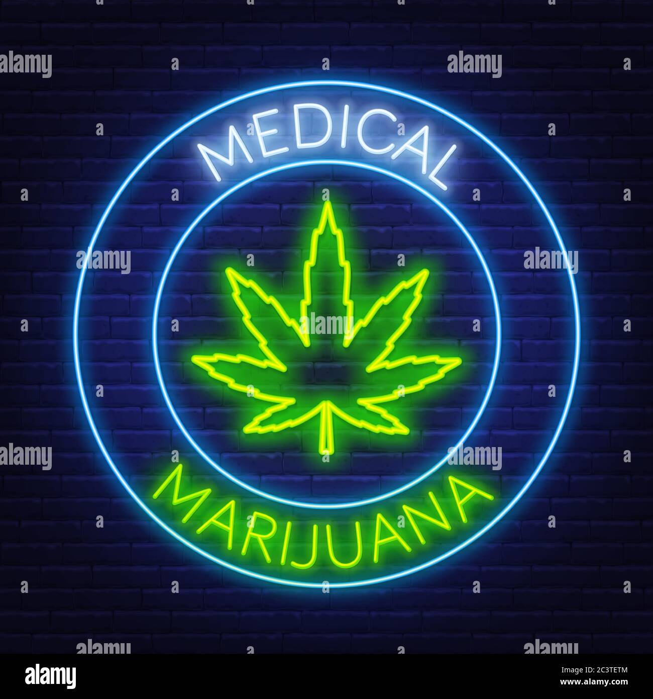 Medical marijuana neon sign on the brick wall background. Stock Vector