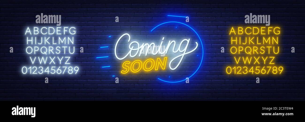 Coming soon neon sign on brick wall background. Template for design. Neon alphabet . Stock Vector