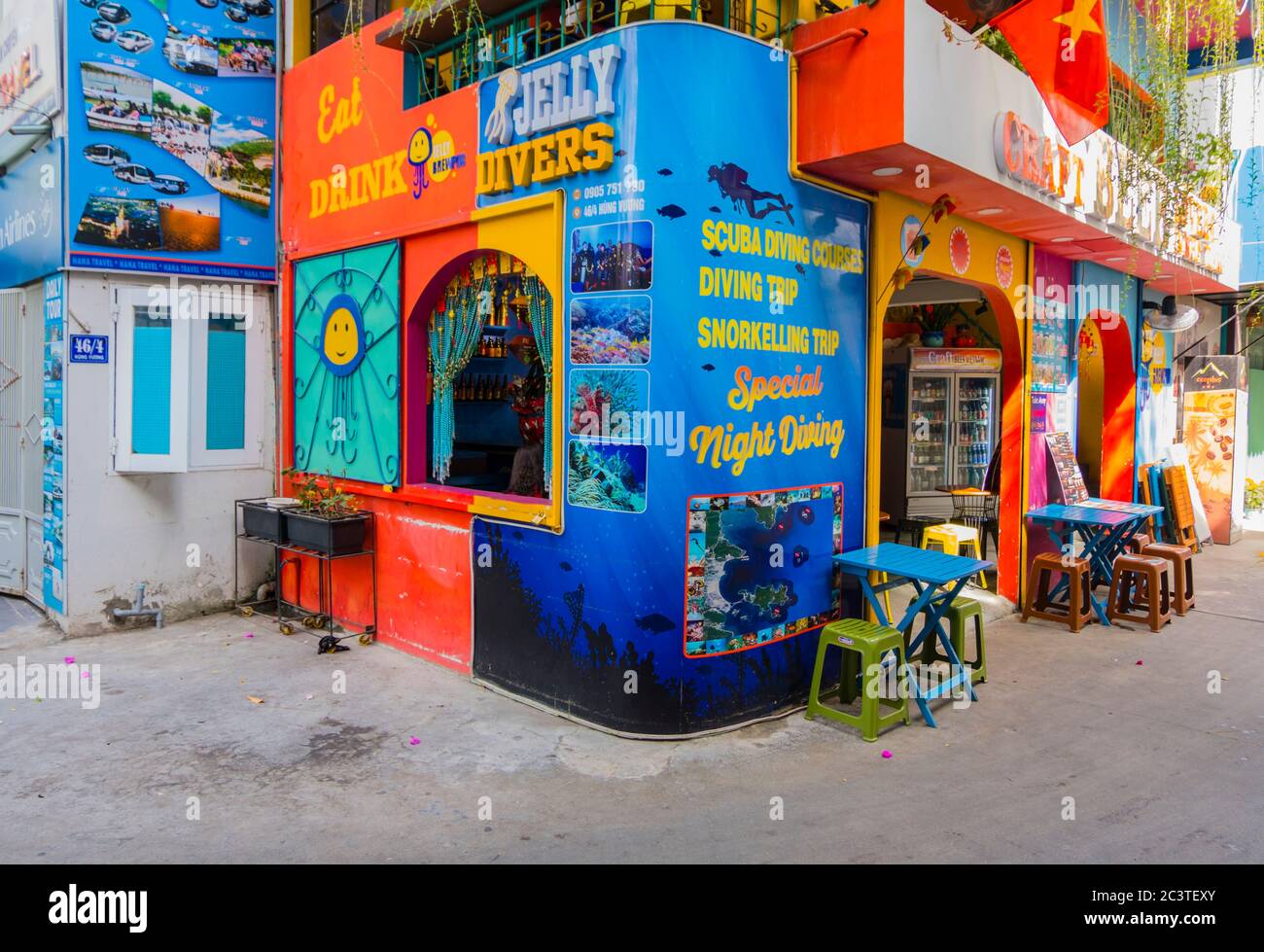 Jelly Divers, travel agency and bar, central Nha Trang, Vietnam, Asia Stock Photo