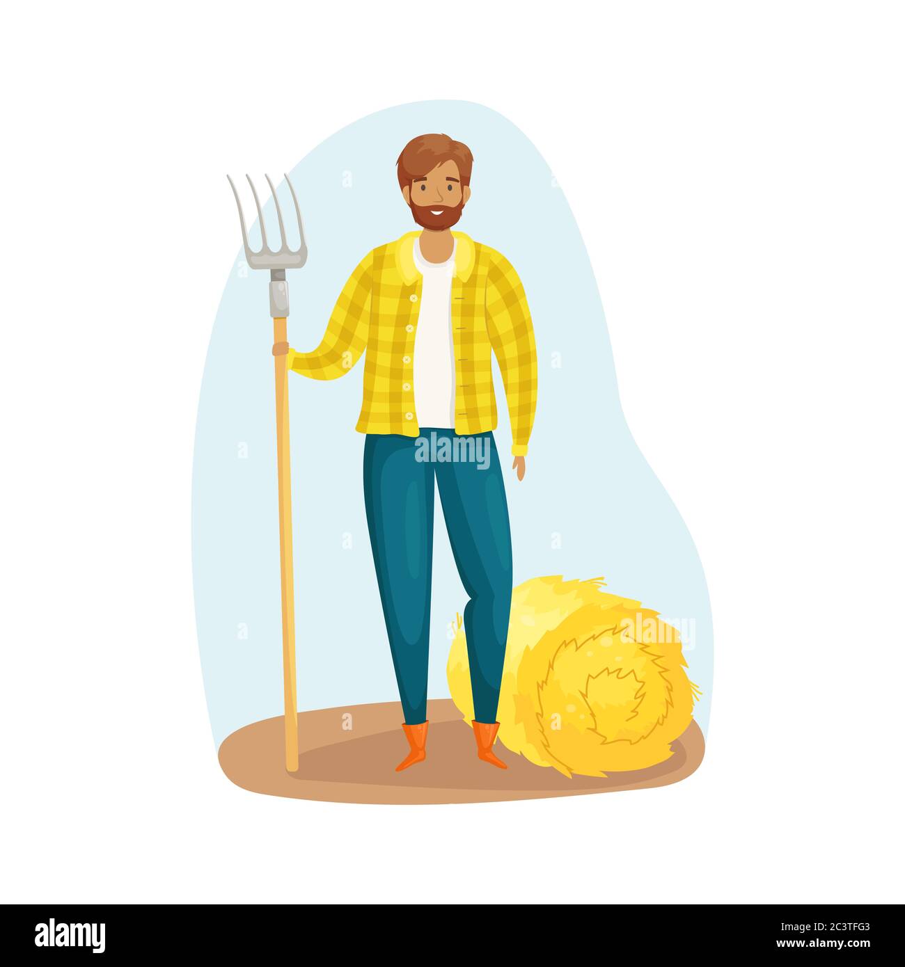 A farmer in overalls and a straw hat harvesting hay with a pitchfork. Harvest. The care of the garden. Agriculture, farming. Stock Vector
