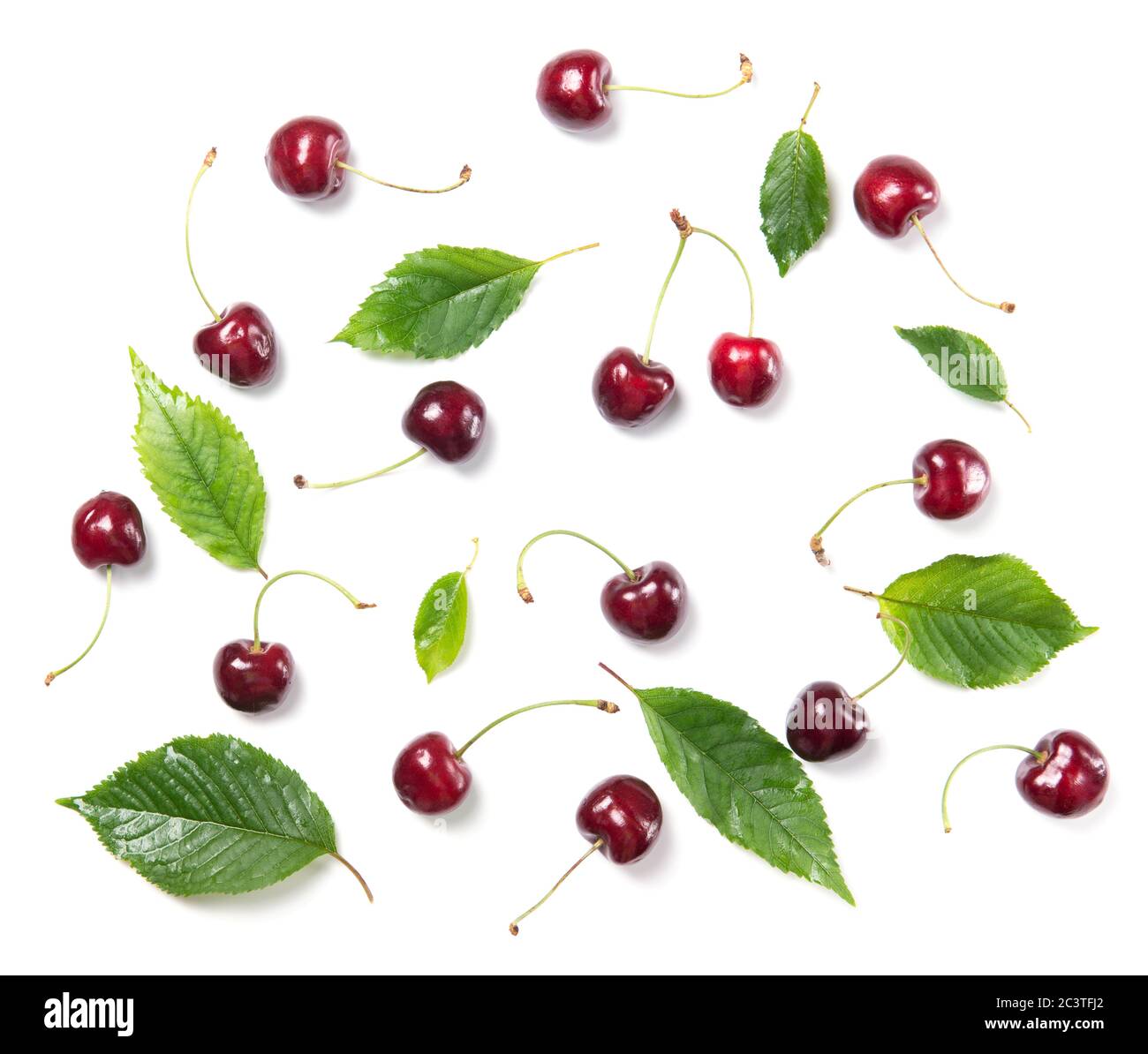 Ripe red cherry berries and cherry green leaves pattern isolated on white background, top view Stock Photo