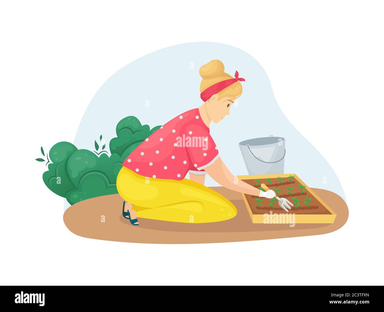 A woman sitting on her knees loosens a bed of seedlings. Planting, growing vegetables. The care of the garden. Agriculture, farming. Stock Vector