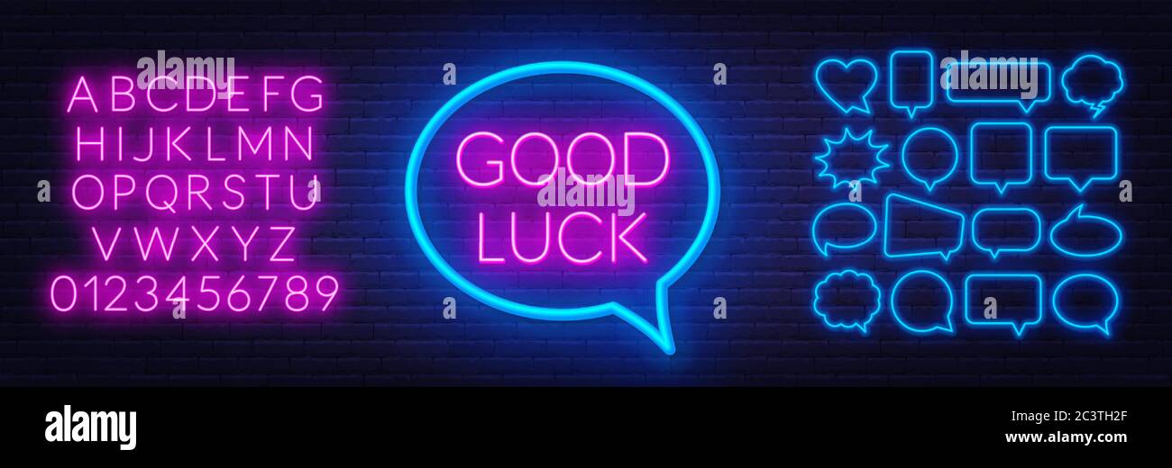 Neon sign good luck in frame on dark background. Stock Vector
