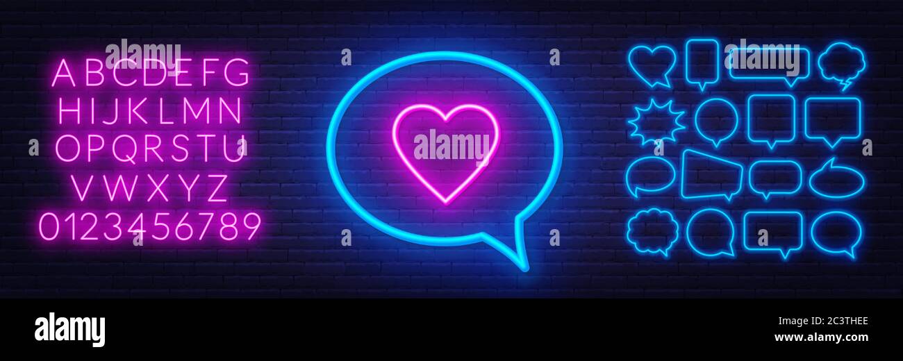 Neon sign like in speech bubble frame on dark background. Stock Vector