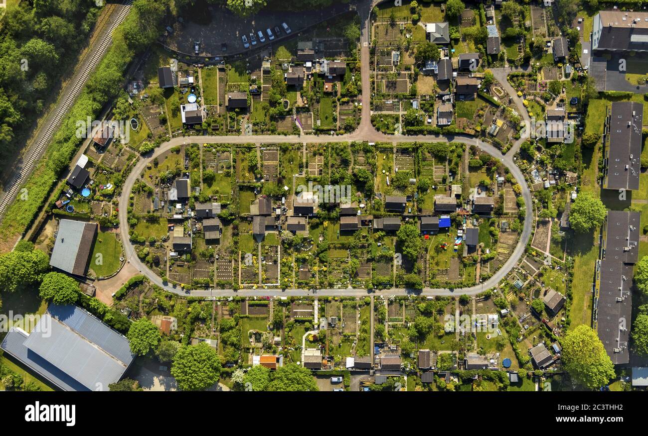 allotment gardesn KGV Stollenhof e.V., Saarner Strasse, 30.04.2019, aerial view, Germany, North Rhine-Westphalia, Ruhr Area, Muelheim/Ruhr Stock Photo