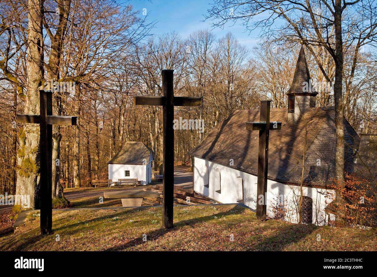 chapel of Mary with group of crosses on the Wilzenberg,  pilgrimage place, Germany, North Rhine-Westphalia, Sauerland, Schmallenberg Stock Photo