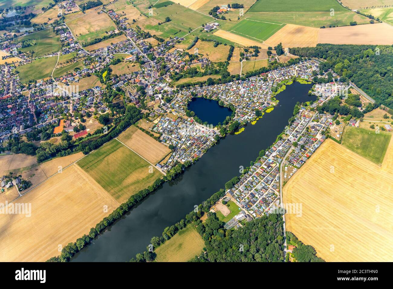 camping ground im Bonekamp and lake Lange Renne, Haffensche Landwehr, 01.08.2019, aerial view, Germany, North Rhine-Westphalia, Lower Rhine, Rees Stock Photo