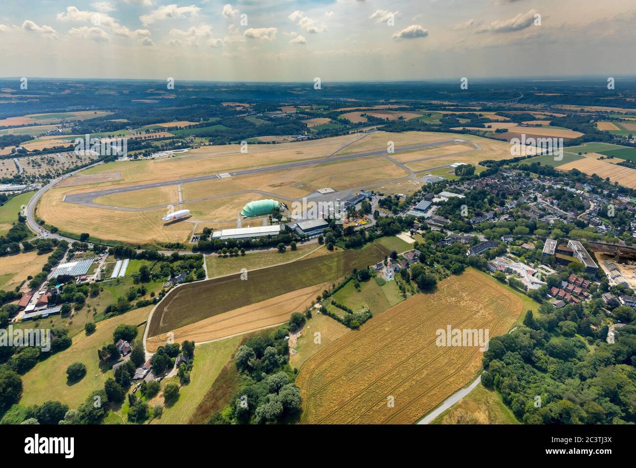 airfield of Essen/Muelheim Airport, 18.07.2019, aerial view, Germany, North Rhine-Westphalia, Ruhr Area, Muelheim/Ruhr Stock Photo