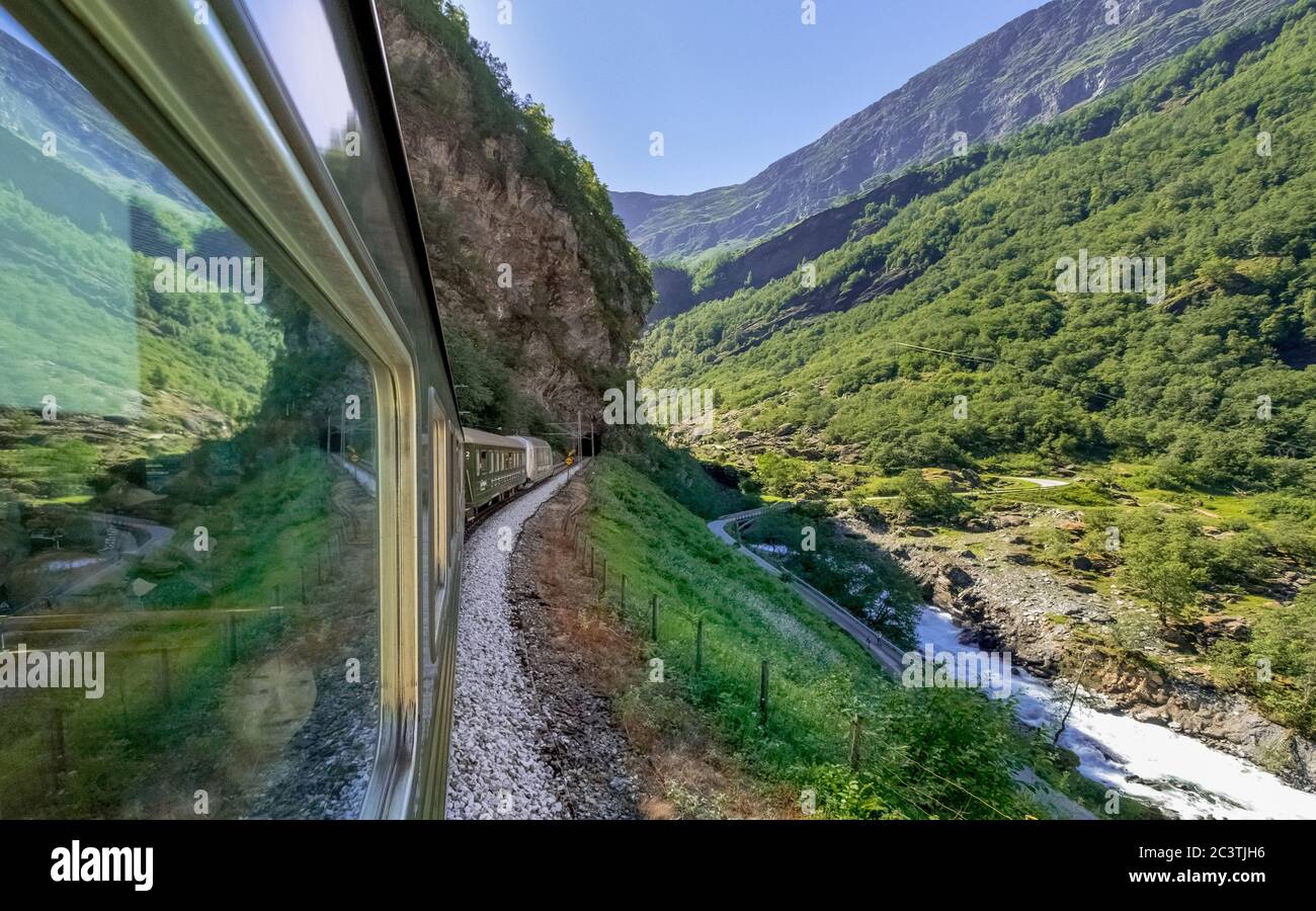 travel on the Flam line, Ryavegen, entry in a tunnel, Norway, Sogn og Fjordane Stock Photo