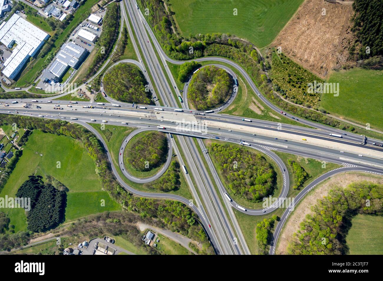 motorway junction Olpe Sued of motorways A45 and A4, 24.04.2019, aerial view, Germany, North Rhine-Westphalia, Sauerland, Wenden Stock Photo