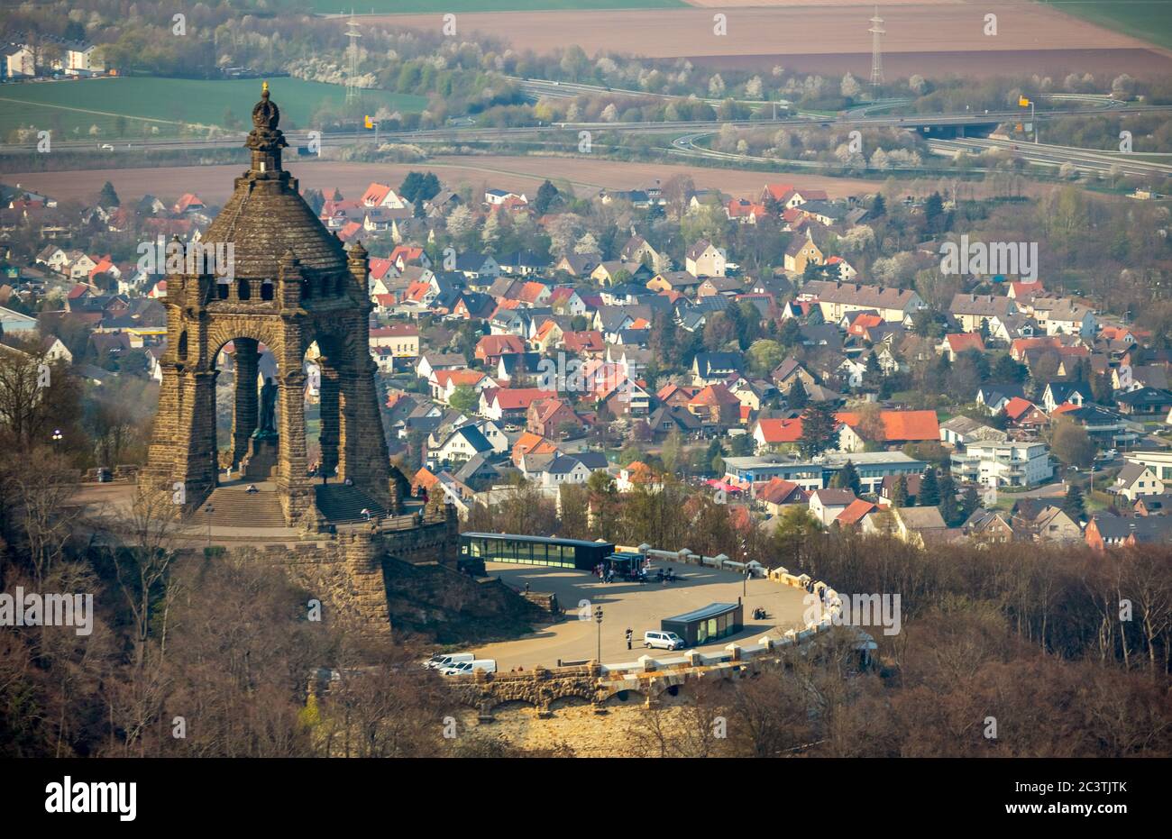 memorial of emperor Kaiser-Wilhelm-Denkmal at Porta Westfalica, oberhalb des Weserdurchbruchs Porta Westfalica, 07.04.2019, Luftbild, Germany, North Rhine-Westphalia, East Westphalia, Porta Westfalica Stock Photo