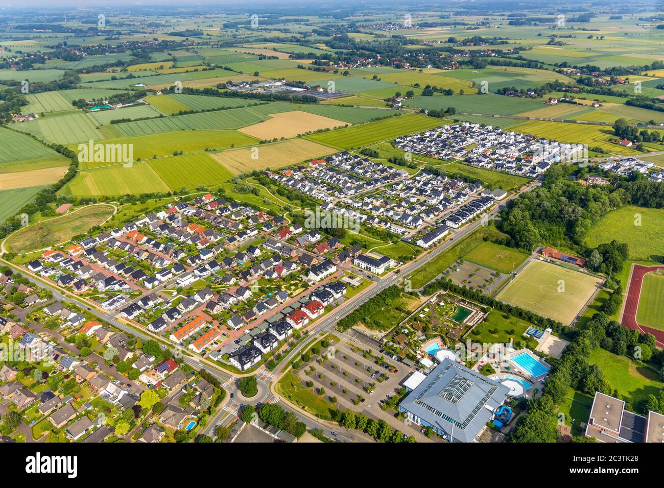 building area at Ardeyweg and leisure pool Aquafun in Soest, 07.06.2019, Luftbild, Germany, North Rhine-Westphalia, Soest Stock Photo