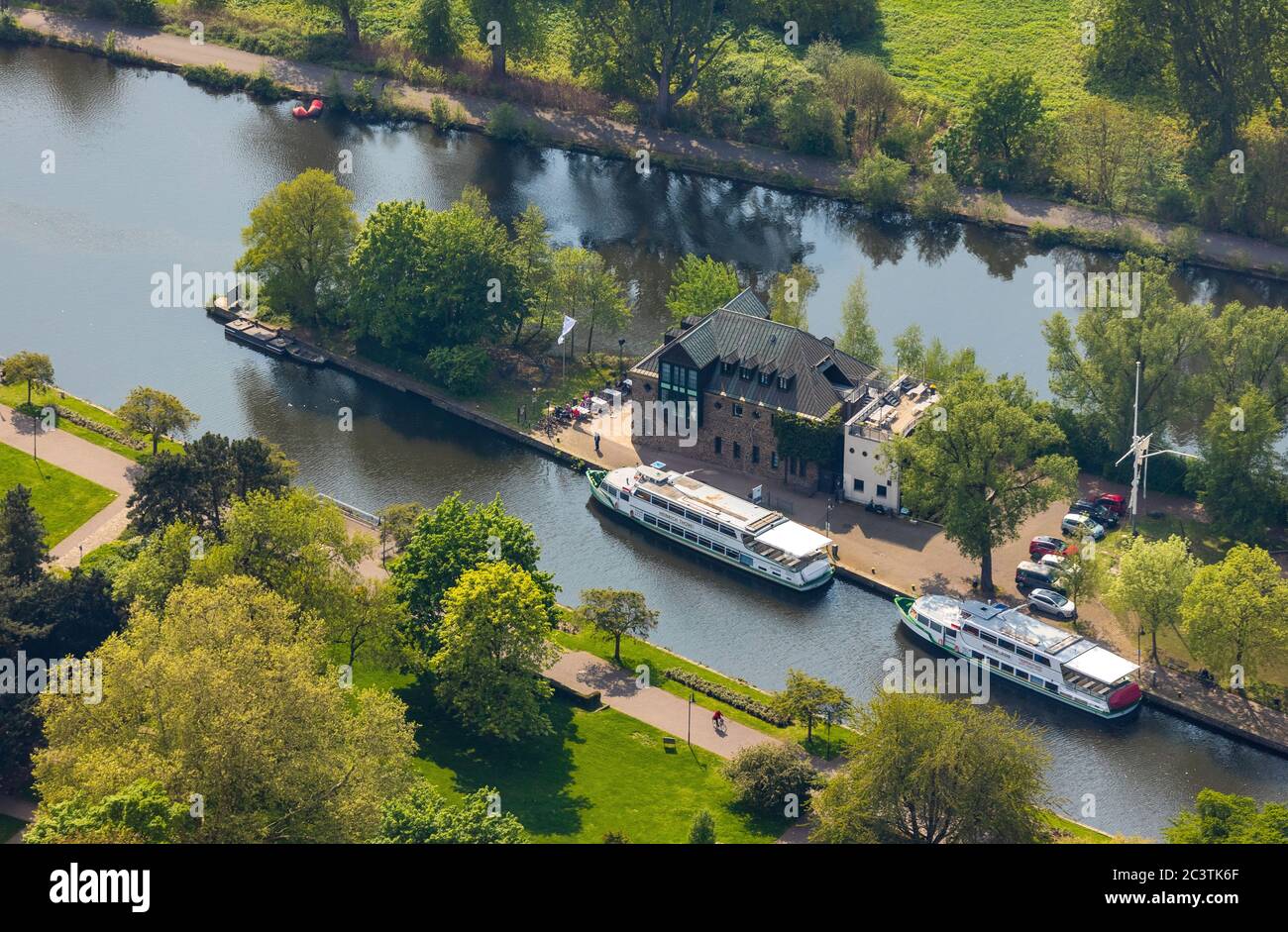 Haus Ruhrnatur on the river Ruhr, 30.04.2016, aerial view, Germany, North Rhine-Westphalia, Ruhr Area, Muelheim/Ruhr Stock Photo