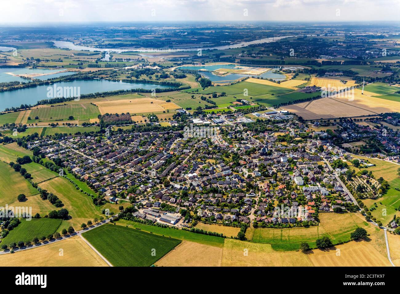 view of Haldern on the Lower Rhine, 01.08.2019, aerial view, Germany, North Rhine-Westphalia, Lower Rhine, Rees Stock Photo