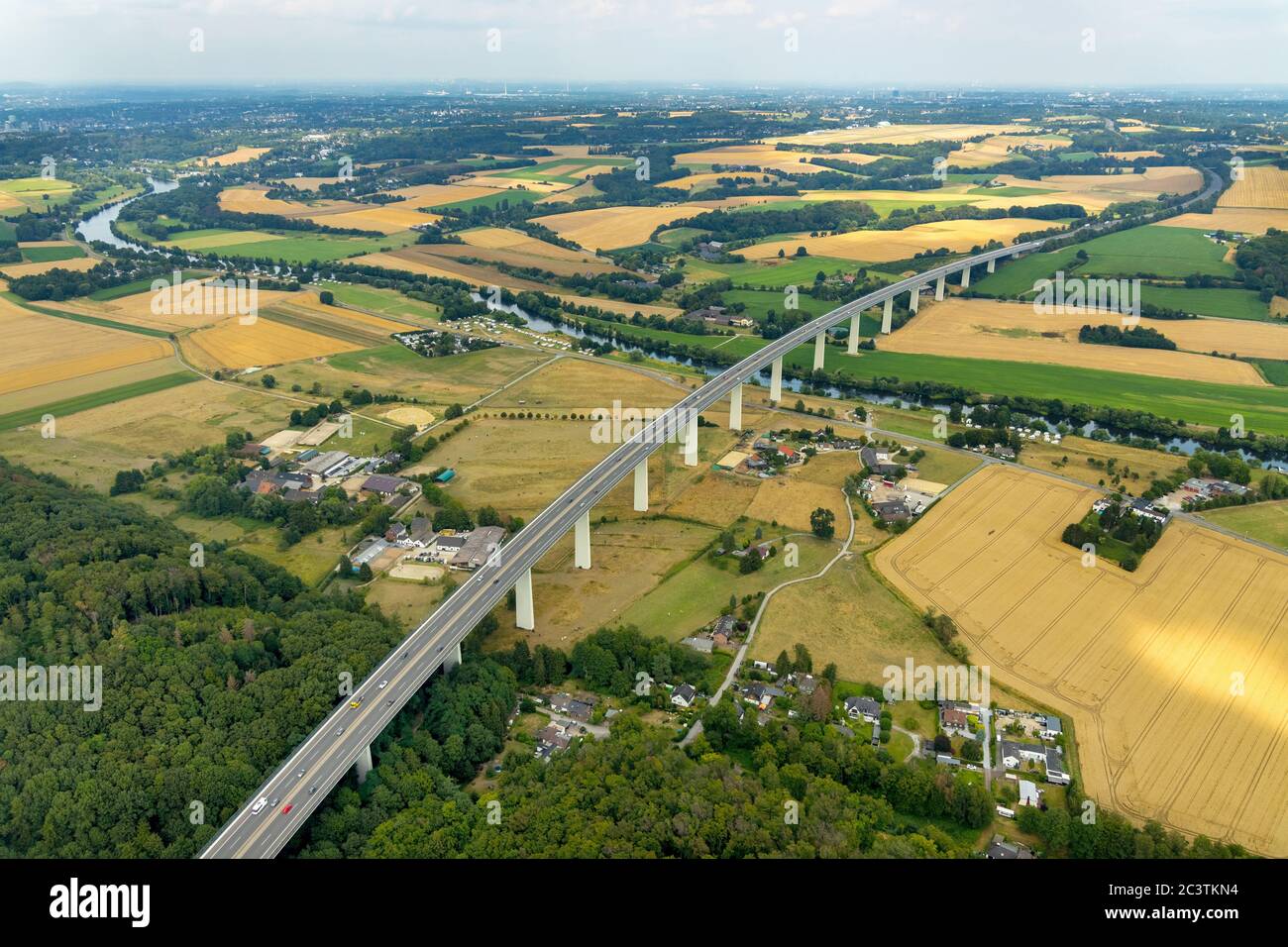 bridge Mintarder Bruecke of motorway $52 over river Ruhr, 21.07.2019, aerial view, Germany, North Rhine-Westphalia, Ruhr Area, Muelheim/Ruhr Stock Photo