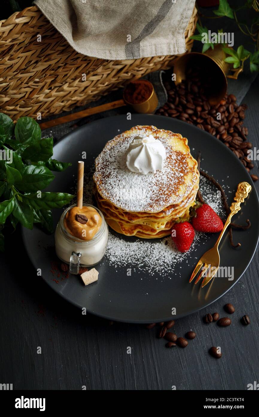 American pancakes with Dalgona coffee breakfast Stock Photo