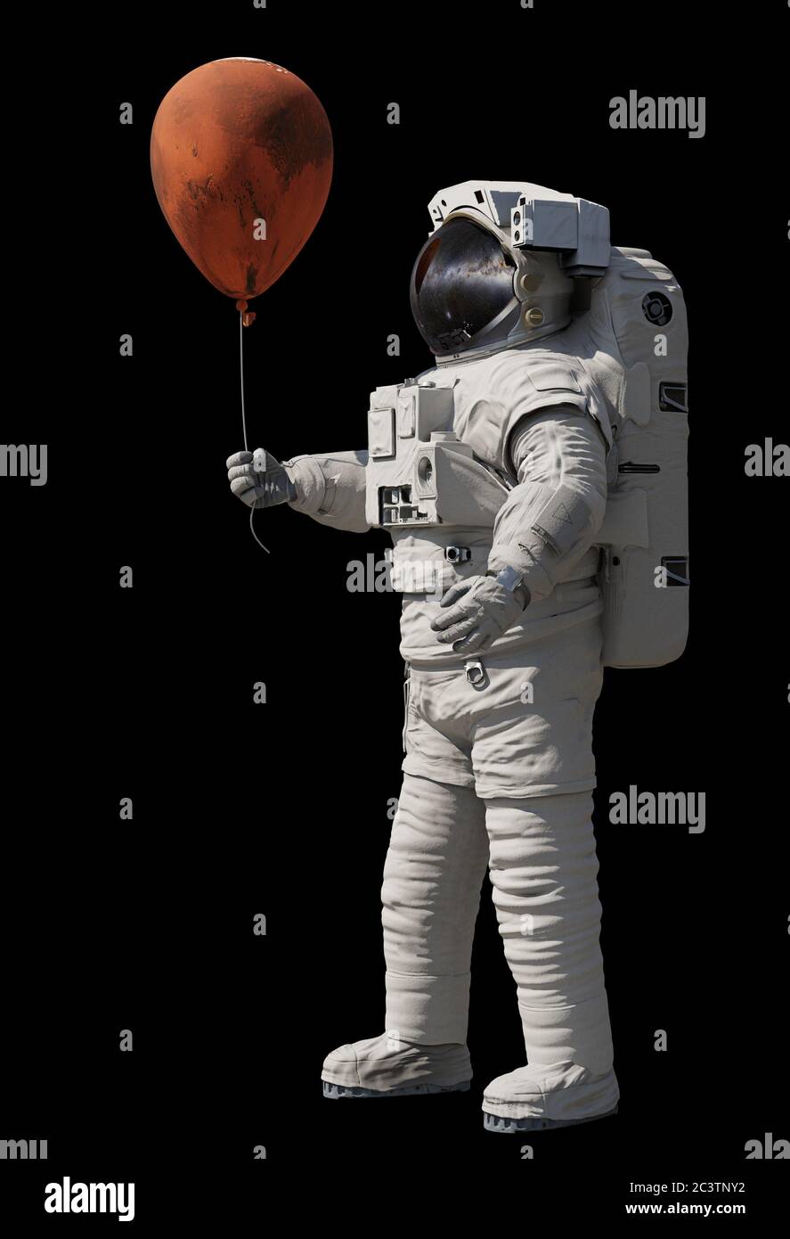 astronaut with planet Mars balloon isolated on black background Stock ...