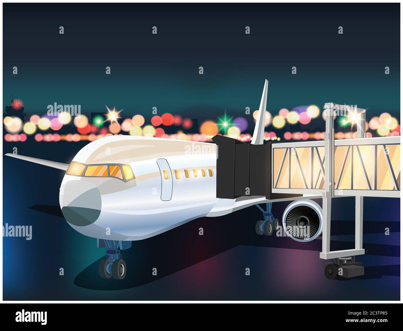 Stylized vector illustration of an airplane with a telescopic gangway in the airport at night Stock Vector