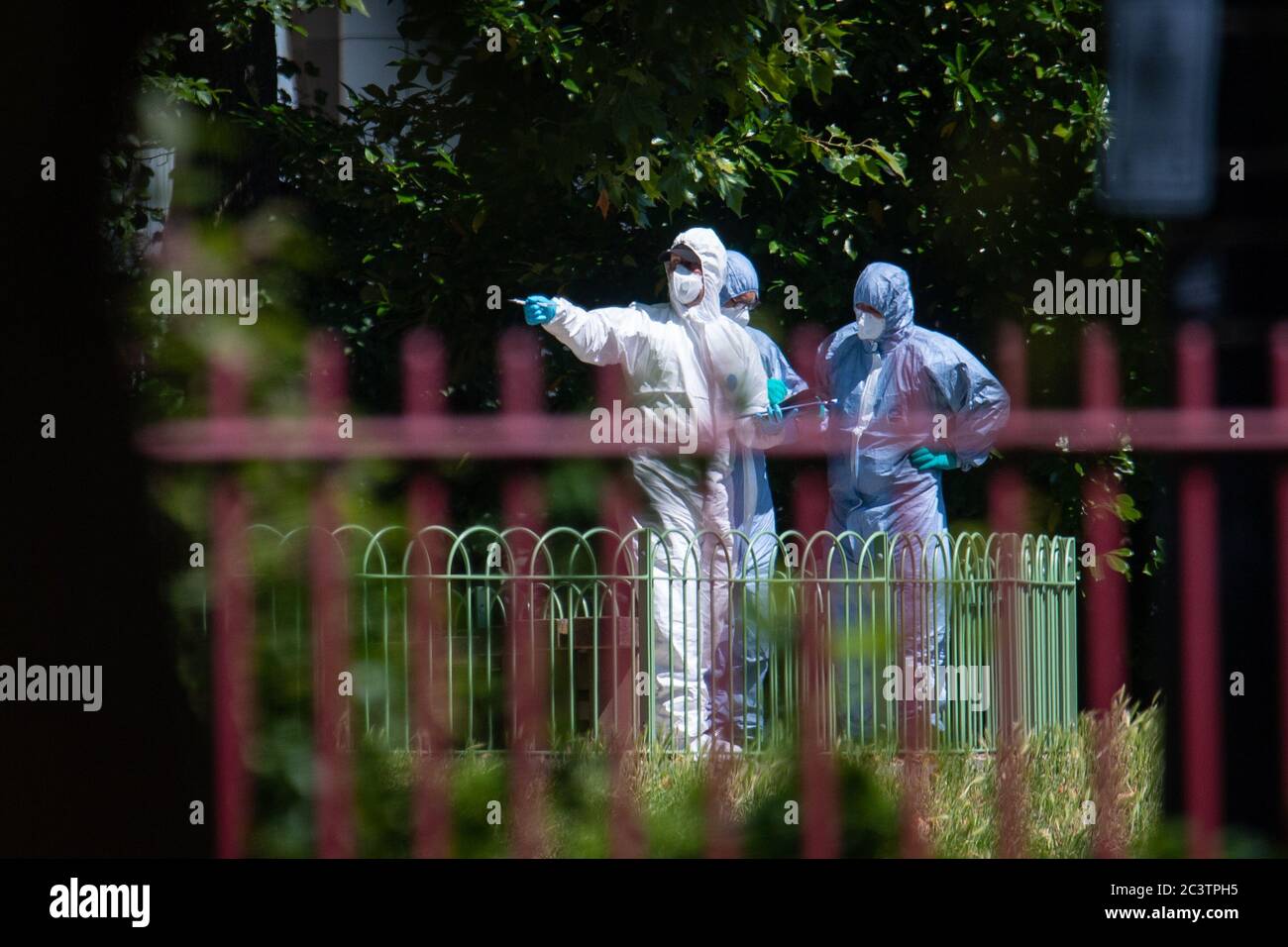 Police forensics officers at work in Forbury Gardens, in Reading town centre, the scene of a multiple stabbing attack which took place at around 7pm on Saturday, leaving three people dead and another three seriously injured. Stock Photo