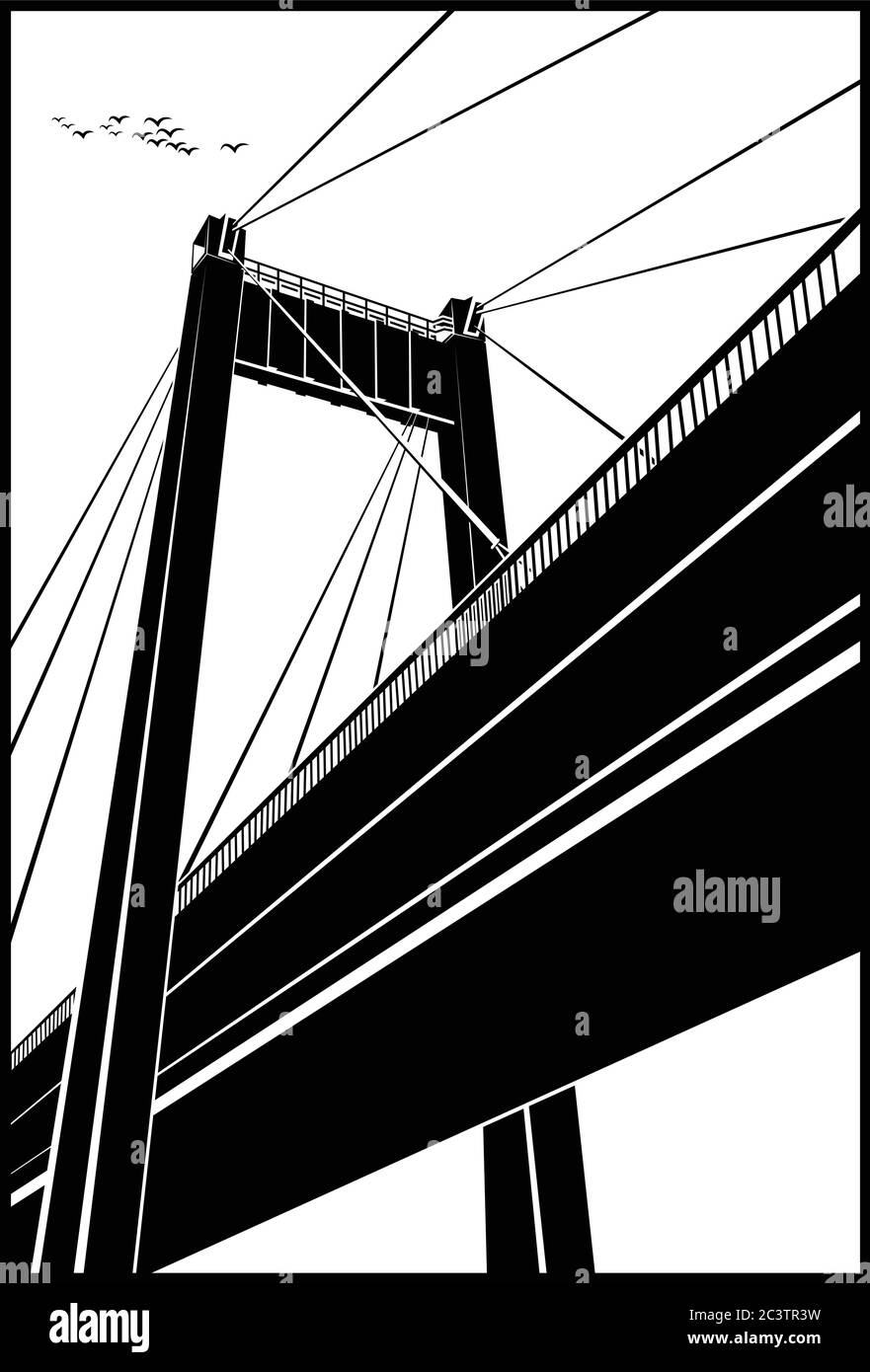 Stylized vector illustration of a large cablestayed bridge Stock