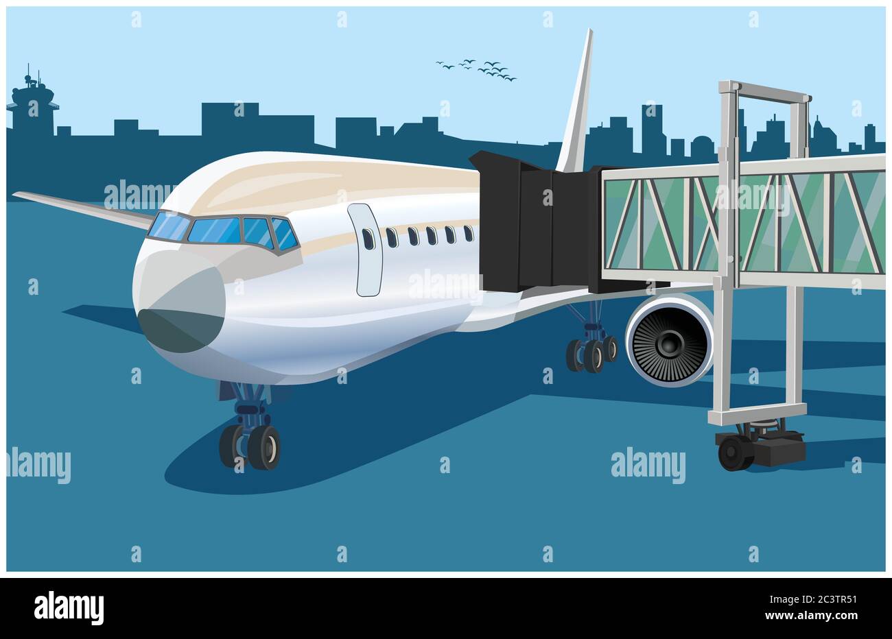 Stylized vector illustration of an airplane with a telescopic gangway in the airport Stock Vector