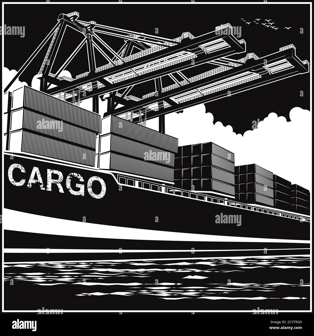 Loading of containers by port cranes on a large container carrier Stock Vector