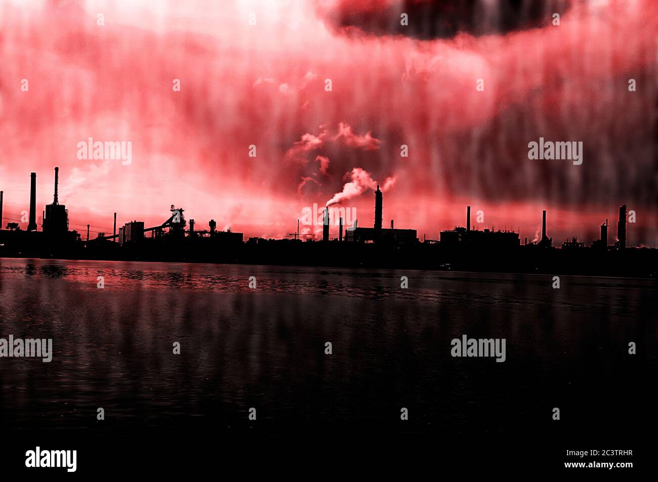 Industrial Zone in Linz Austria. The Danube river in the foreground Digitally Enhanced Stock Photo