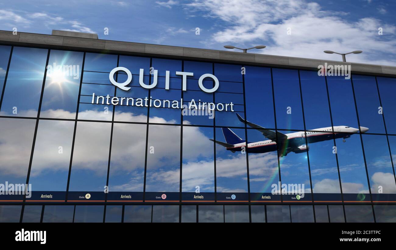 Jet aircraft landing at Quito, Ecuador 3D rendering illustration