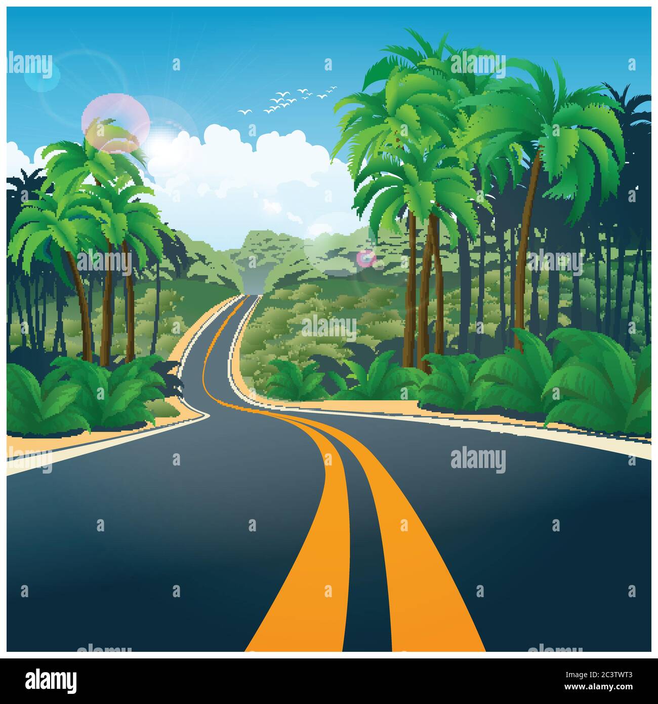 Stylized vector illustration of a road through the picturesque jungle