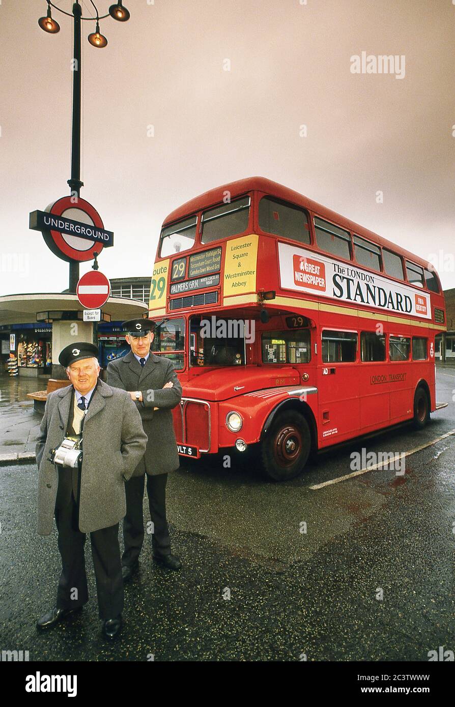 Routemaster London bus and crew at a bus stand in North London 1986 Stock Photo