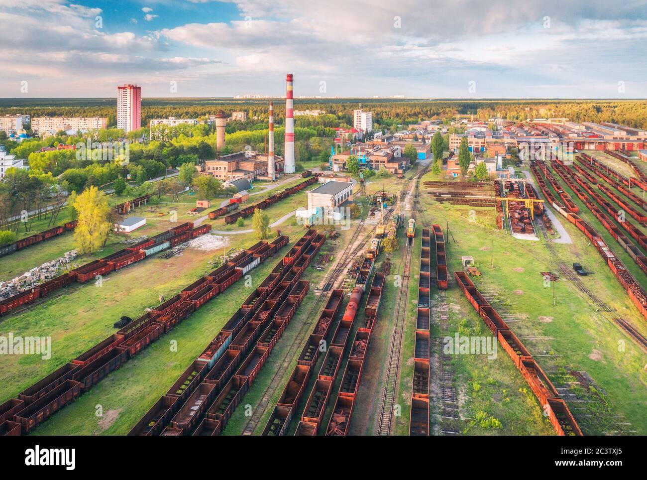 Aerial view of freight trains. Railway station with wagons Stock Photo