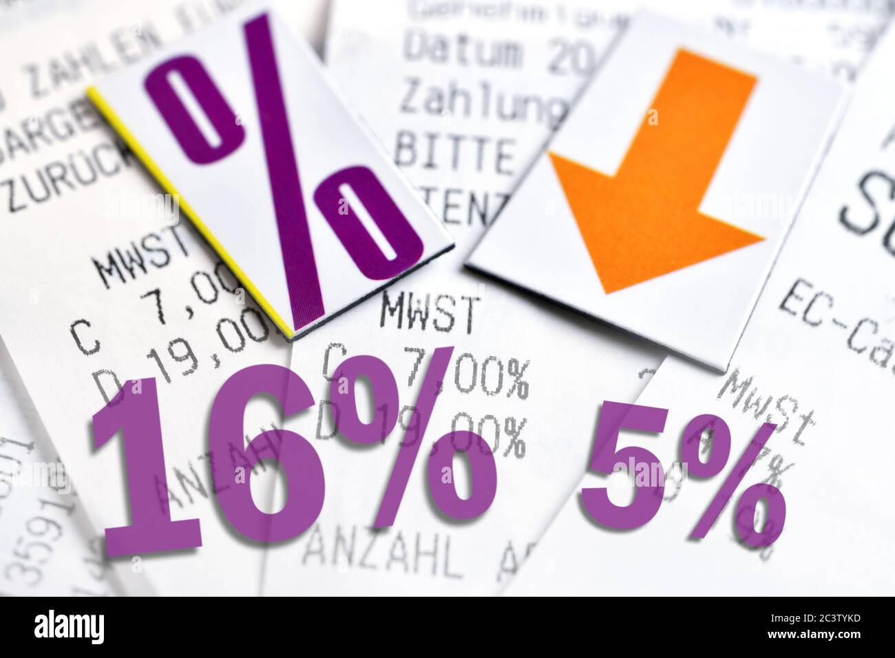 PHOTOMONTAGE, tax rates 16 percent and 5 percent signs and down arrow on receipts, symbol photo for VAT cut to stimulate the economy, FOTOMONTAGE, Ste Stock Photo