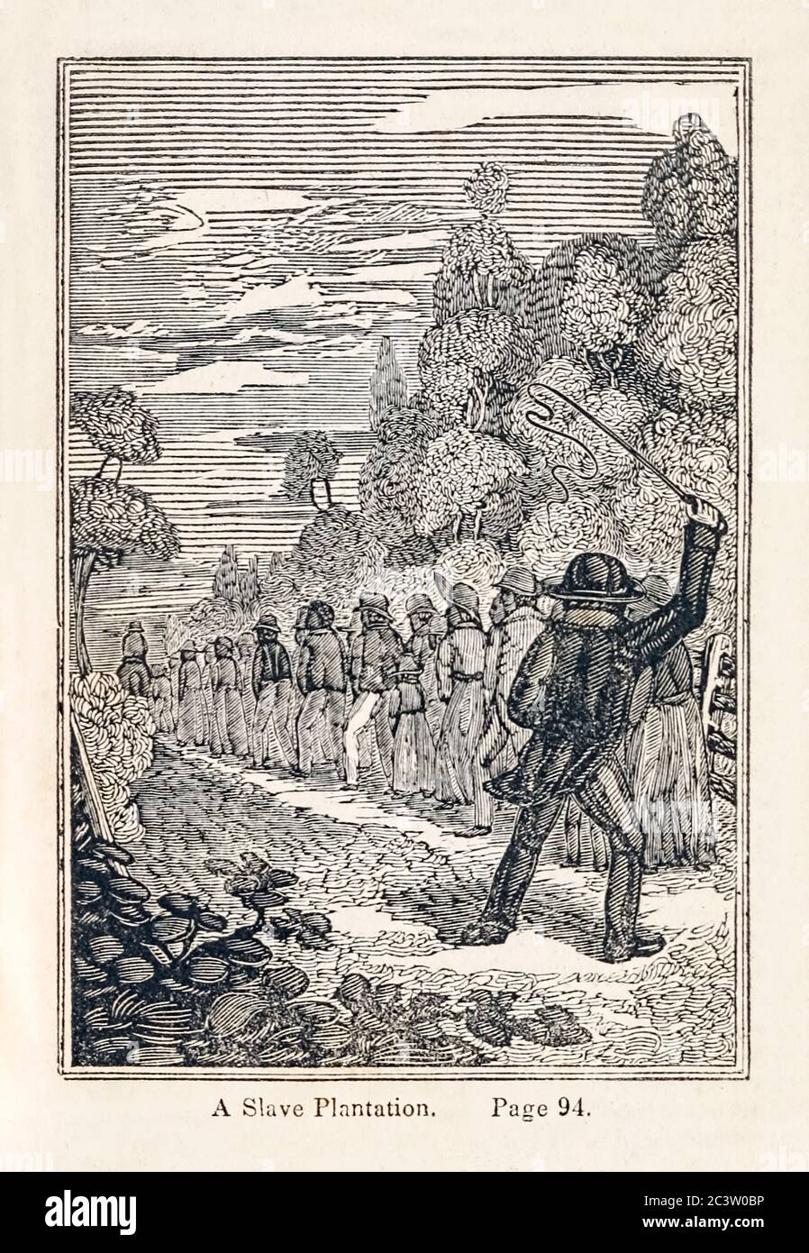 “A slave plantation” illustration from ‘Picture of slavery in the United States of America’ by George Bourne (1780-1845) a founder of the American Anti-Slavery Society, Published in 1834 the book detailed the trade, abuse and corrupt life styles of those involved in slavery to further the abolitionist cause. Stock Photo