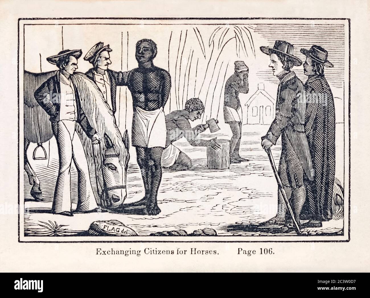 “Exchanging Citizens for Horses” illustration from ‘Picture of slavery in the United States of America’ by George Bourne (1780-1845) a founder of the American Anti-Slavery Society, Published in 1834 the book detailed the trade, abuse and corrupt life styles of those involved in slavery to further the abolitionist cause. Stock Photo