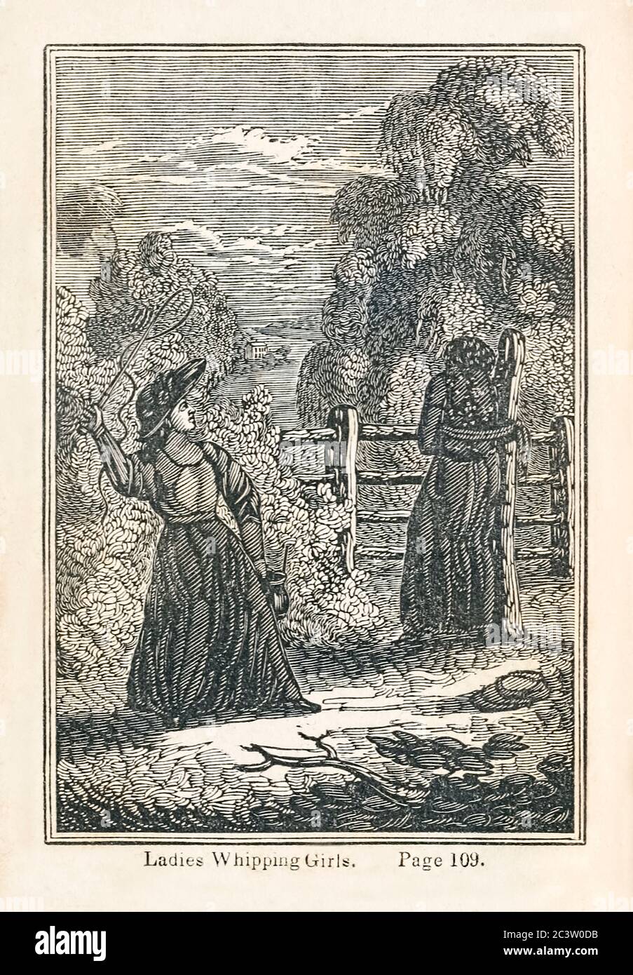 “Ladies whipping girls” illustration from ‘Picture of slavery in the United States of America’ by George Bourne (1780-1845) a founder of the American Anti-Slavery Society, Published in 1834 the book detailed the trade, abuse and corrupt life styles of those involved in slavery to further the abolitionist cause. Stock Photo