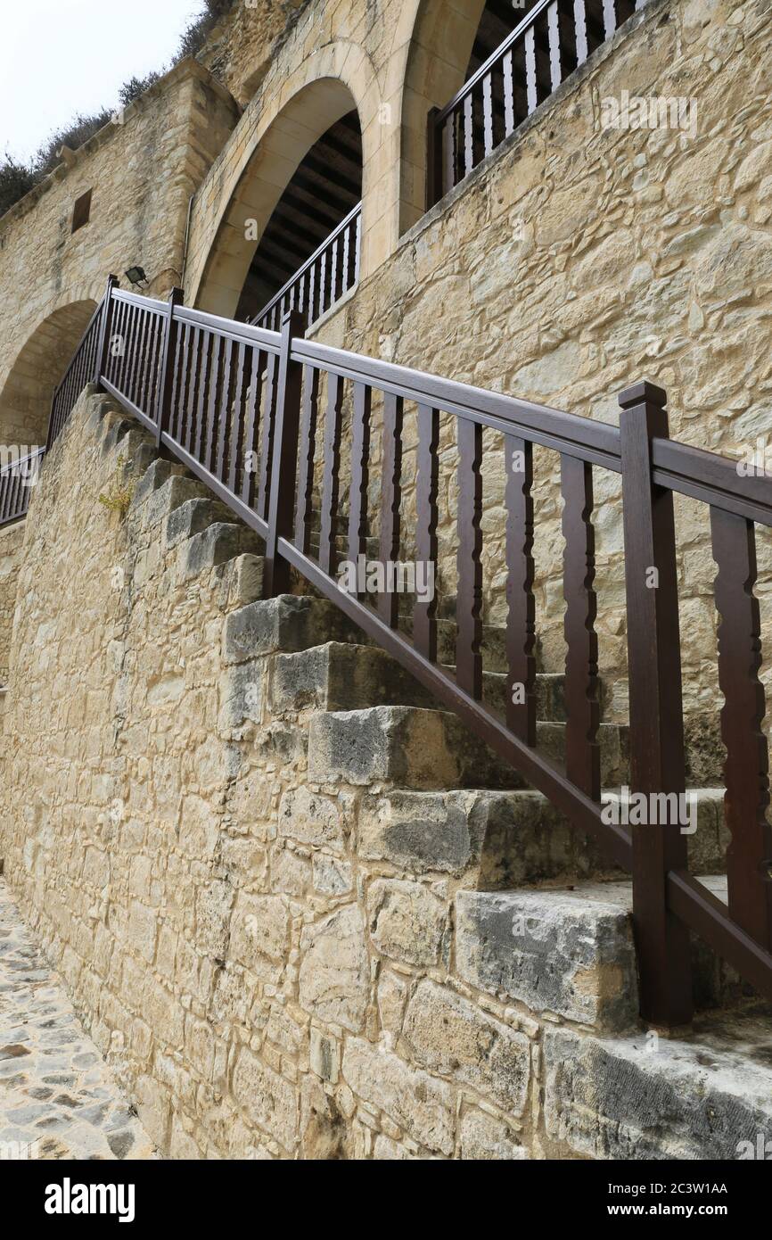 stairway with fence Holy Monastery of Agios Neophytos near Tala village in Cyprus Stock Photo