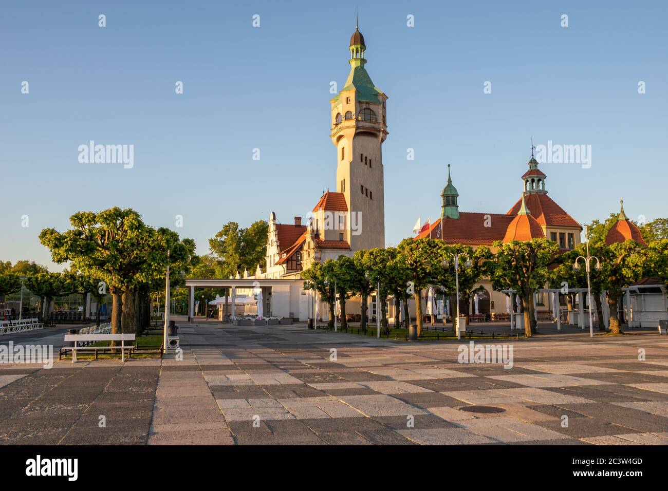 The historic buildings of the city of Sopot seaside resort in the light of summer morning Stock Photo