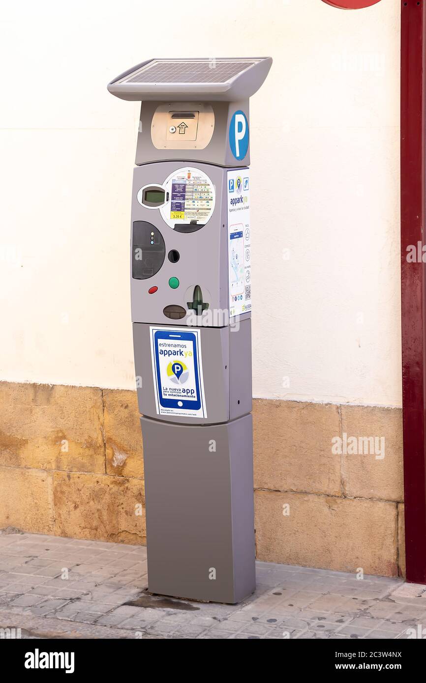 Ubeda, Jaen, Spain - June 19, 2020: Parking machine on the side of the street Stock Photo
