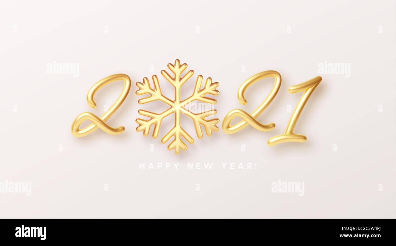 Gold realistic metallic text 2021 with golden snowflake. Vector illustration Stock Vector