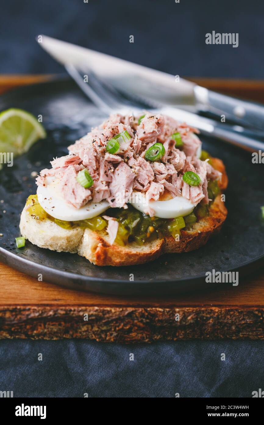 Open sandwich with canned tuna, egg and pickled cucumber dressing
