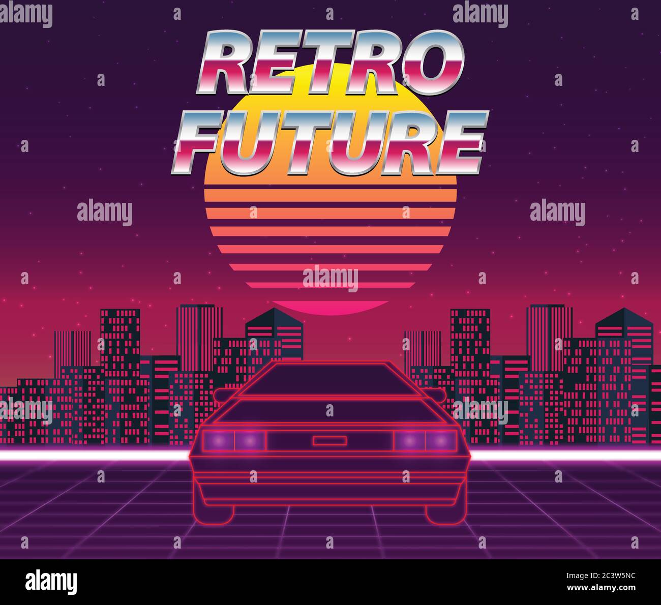 Retro future, 80s style Sci-Fi Background. Futuristic car. Stock Vector