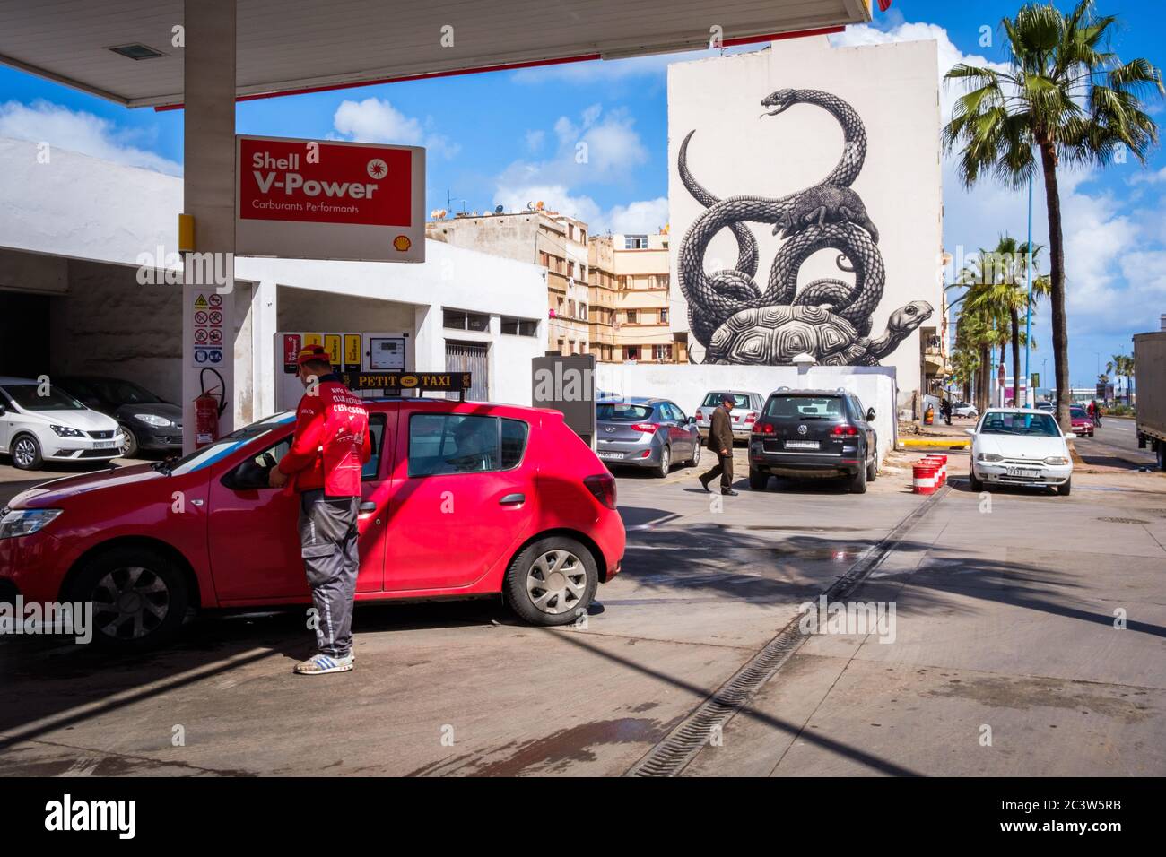 Morocco, Casablanca: Shell petrol station and mural in Zerktouni Boulevard. Mural depicting a turtle and a serpent, created by Roa, a Belgian artist. Stock Photo