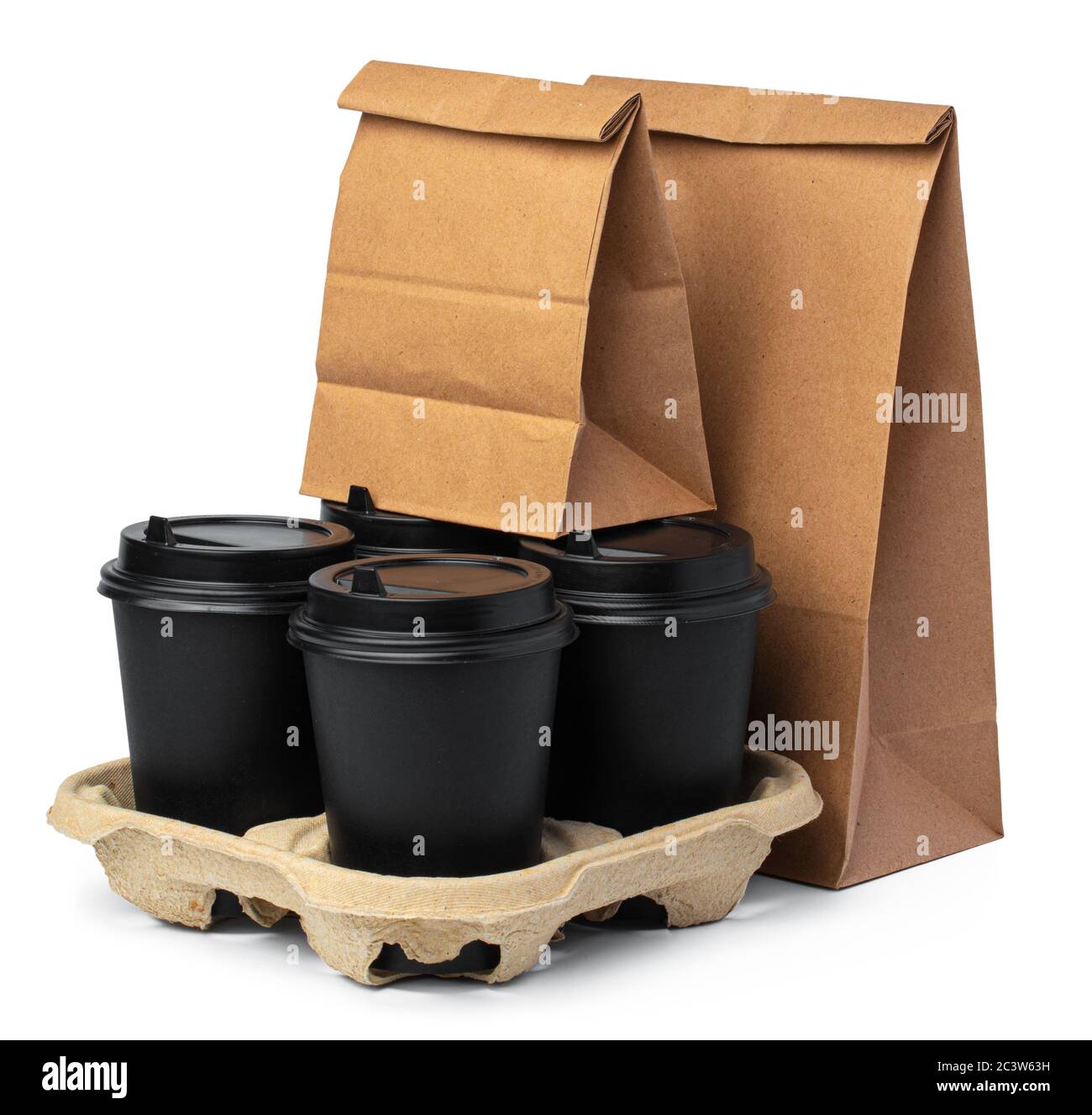 Craft paper bag with coffee cup on white background Stock Photo - Alamy