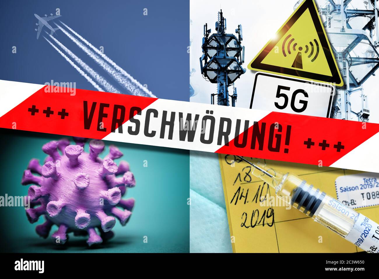 PHOTOMONTAGE, pictures of coronavirus, Vapor, 5G and Impfspritze with tape and labeled conspiracy symbol photo for conspiracy, FOTOMONTAGE, Bilder von Stock Photo
